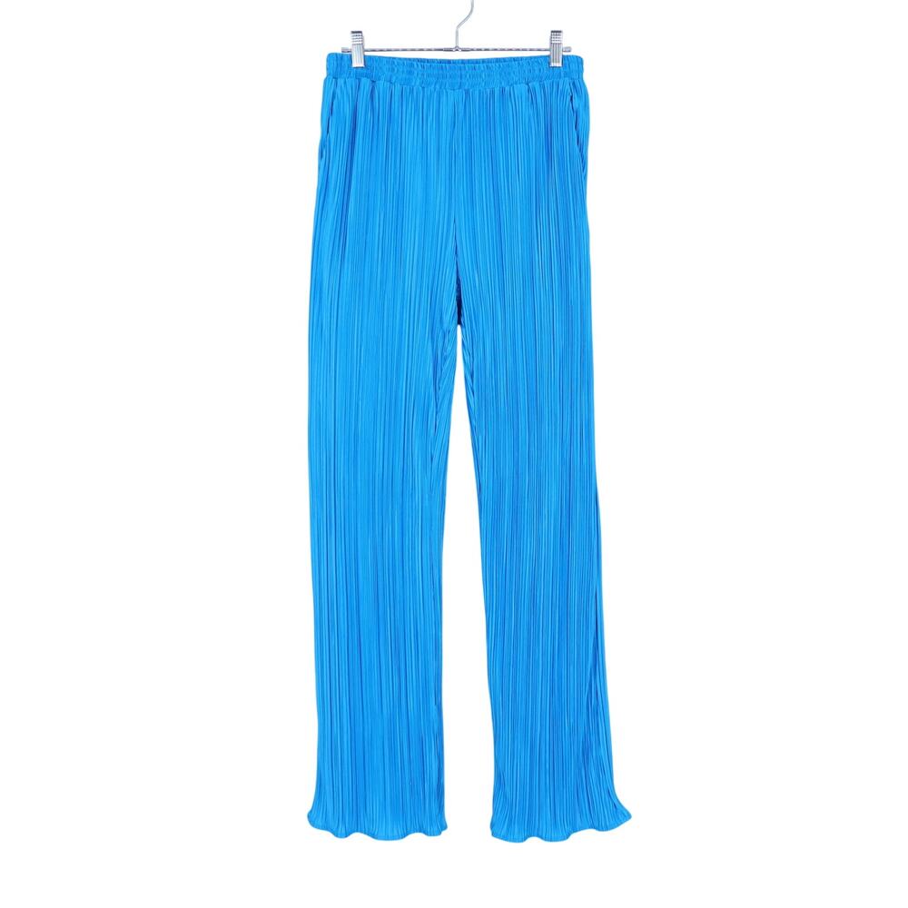 Dressed in Lala Plisse Pull On Pants Electric Blue Pleated Wide Leg Women's M
